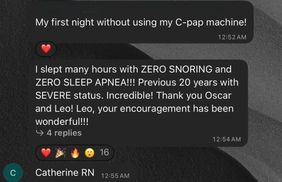 Catherine: My first night without my C-pap machine - zero snoring, zero sleep apnea after 20 years